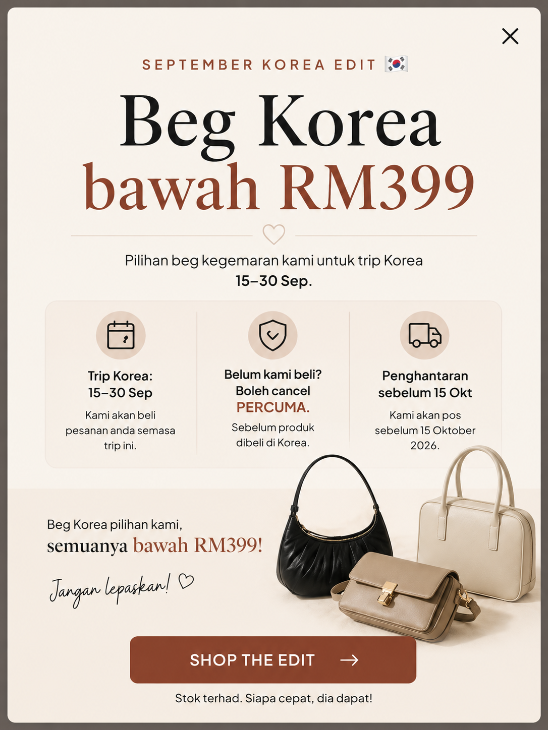 September Korea Edit — beg Korea bawah RM399, sourcing 15–30 September 2026